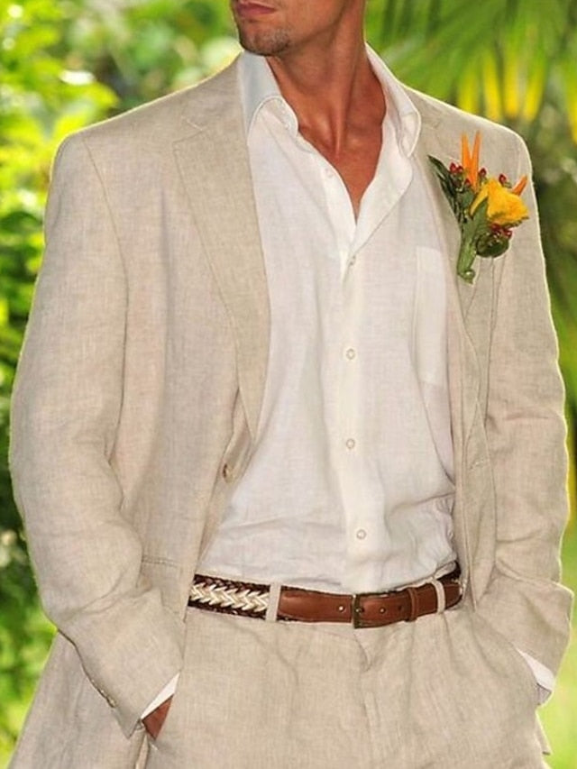 Two-Button Single-Breasted Linen Suit Set For Men Tailored Fit