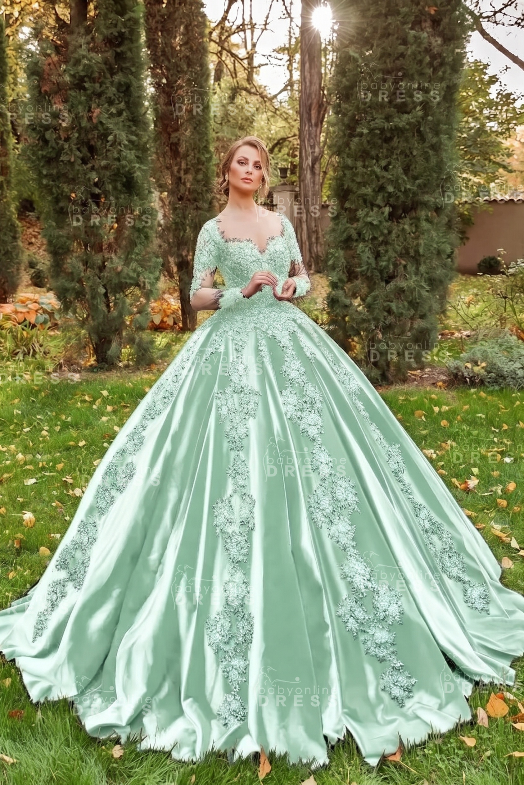 Gorgeous Long Sleeves Velvet Ball Gown with 3D Floral Appliques