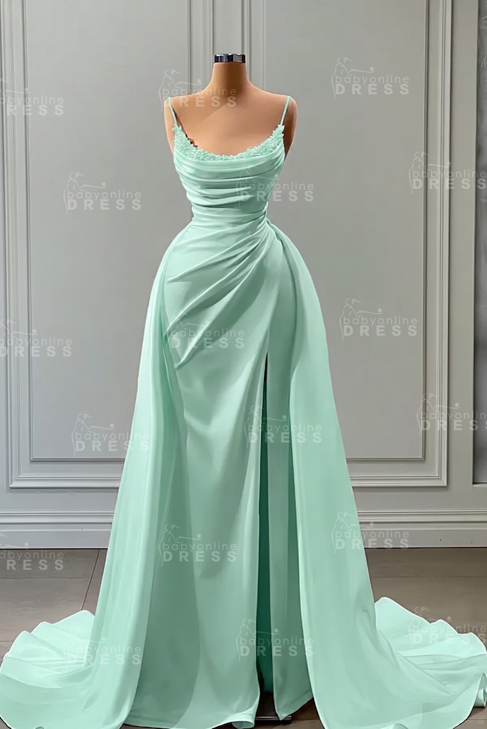 White Spaghetti Straps Satin Mermaid Prom Dress with High Split