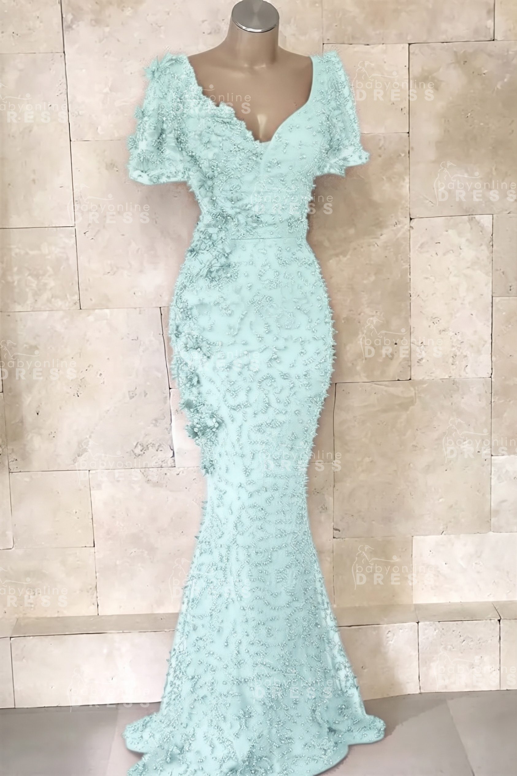 Glamorous V-Neck Short Sleeves Beading Flower Mermaid Floor-Length Prom Dresses