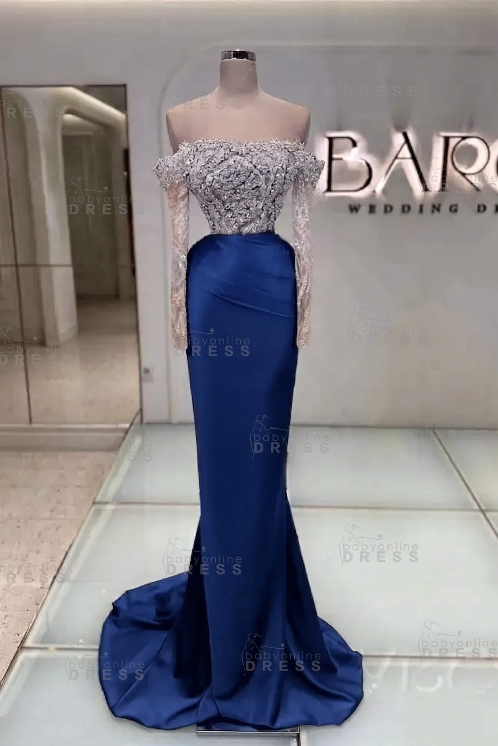 Off-the-Shoulder Ruffles Satin Mermaid Prom Dress Beadings with Sleeves