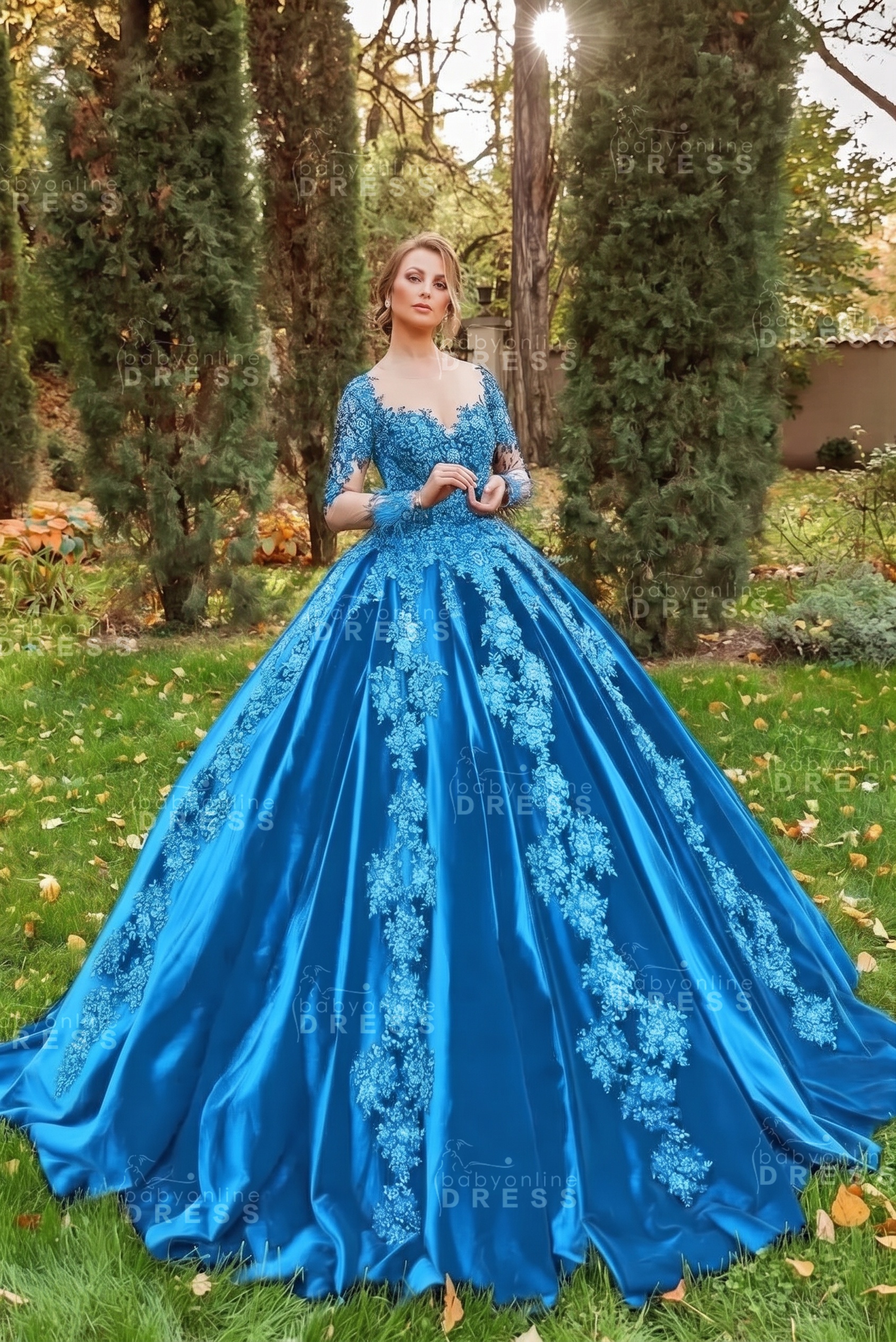 Gorgeous Long Sleeves Velvet Ball Gown with 3D Floral Appliques