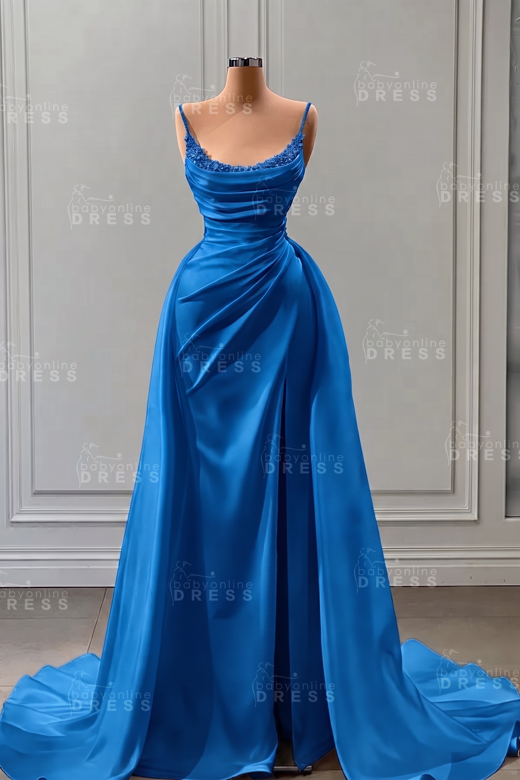 White Spaghetti Straps Satin Mermaid Prom Dress with High Split