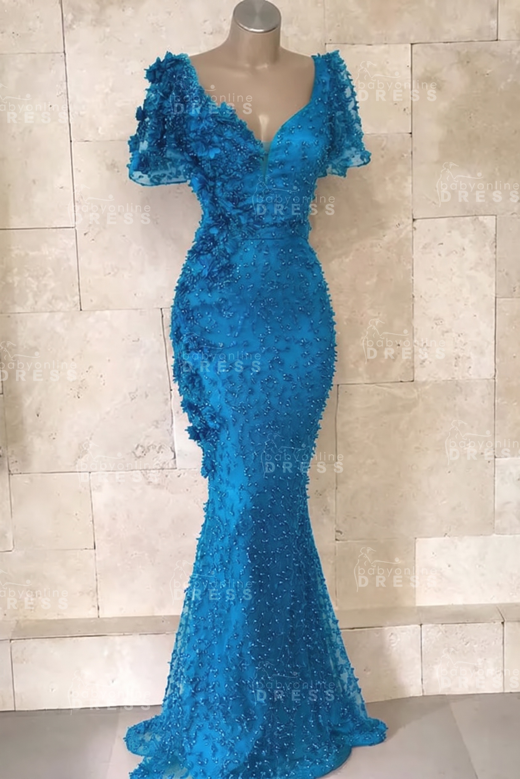 Glamorous V-Neck Short Sleeves Beading Flower Mermaid Floor-Length Prom Dresses
