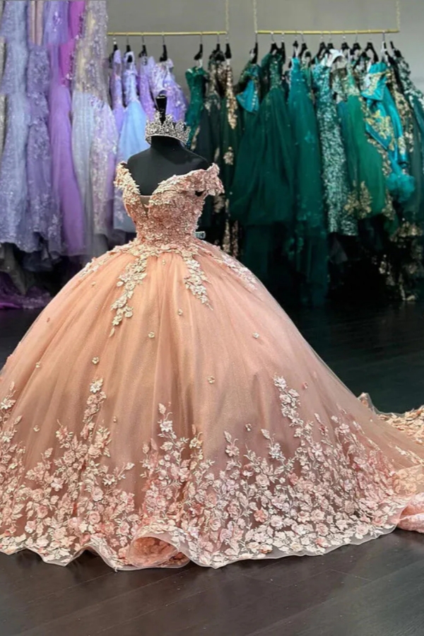 Gorgeous Off-the-Shoulder Tulle Lace Ball Gown Quinceanera Dresses with Appliques-Babyonlinewholesale