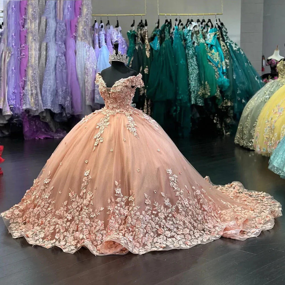 Gorgeous Off-the-Shoulder Tulle Lace Ball Gown Quinceanera Dresses with Appliques-Babyonlinewholesale