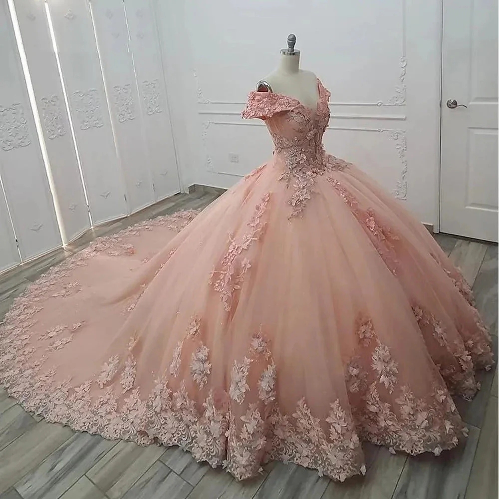 Gorgeous Off-the-Shoulder Tulle Lace Ball Gown Quinceanera Dresses with Appliques-Babyonlinewholesale