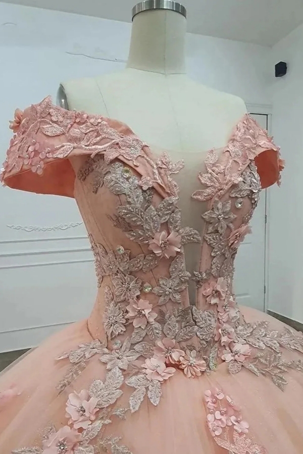 Gorgeous Off-the-Shoulder Tulle Lace Ball Gown Quinceanera Dresses with Appliques-Babyonlinewholesale