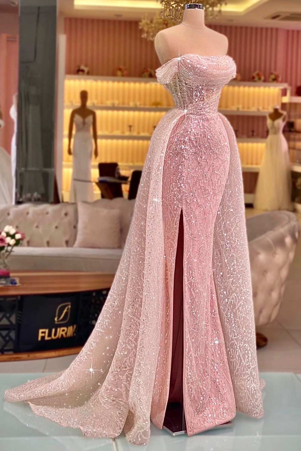 Off-the-Shoulder Side Split Long Evening Gown Glitter Sequins Beadings Sheath Prom Dress with Sweep Train-Babyonlinewholesale