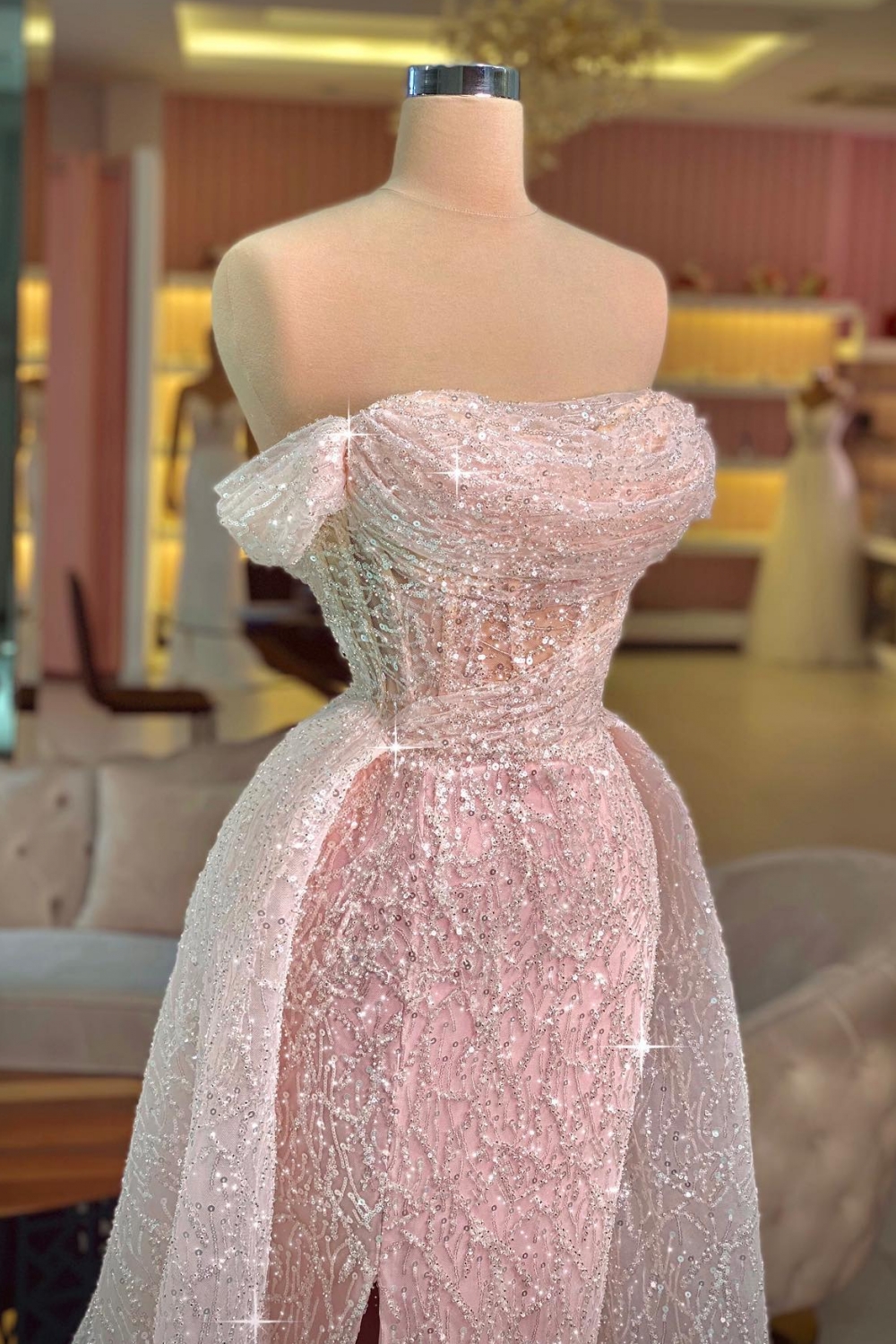 Off-the-Shoulder Side Split Long Evening Gown Glitter Sequins Beadings Sheath Prom Dress with Sweep Train-Babyonlinewholesale