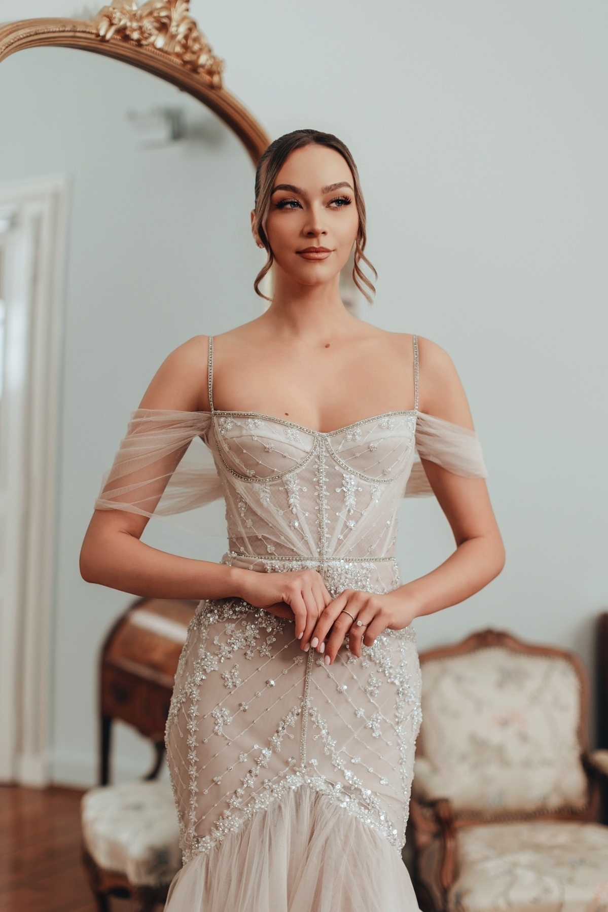 Off the Shoulder Spaghetti Straps Ivory Tulle Lace Flower Mermaid Wedding Dresses