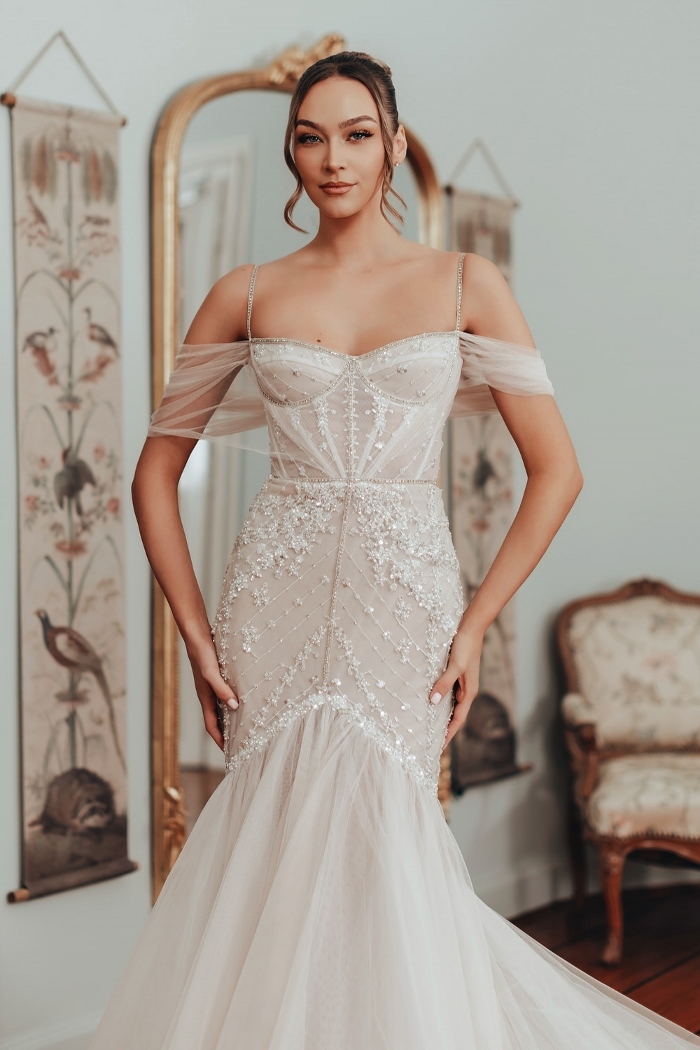 Off the Shoulder Spaghetti Straps Ivory Tulle Lace Flower Mermaid Wedding Dresses