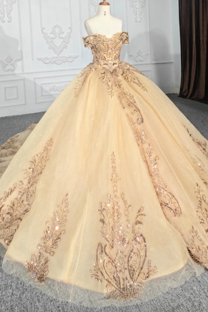Off-the-Shoulder Gold Appliques Ball Gown Quinceanera Dresses Tulle Sweet 16 Dress