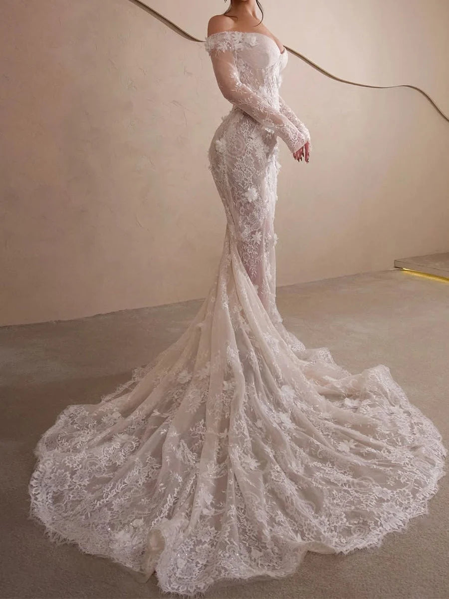 Off-the-Shoulder Lace Mermaid Wedding Dress with Long Sleeves