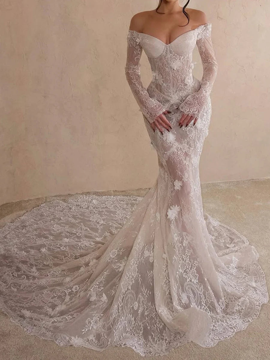 Off-the-Shoulder Lace Mermaid Wedding Dress with Long Sleeves
