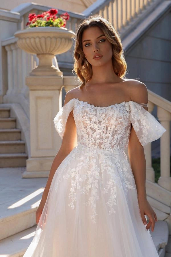 Off-the-Shoulder A-Line Lace Applique Wedding Dress