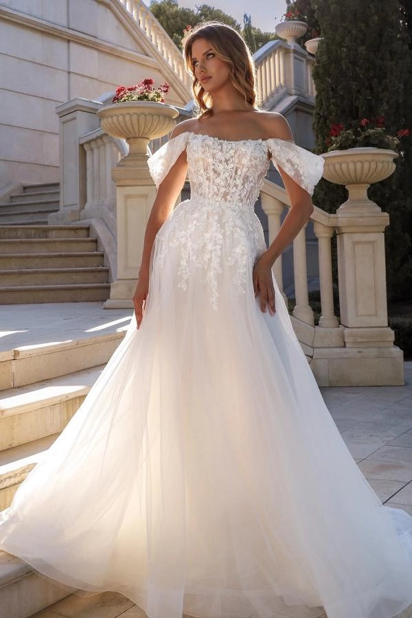 Off-the-Shoulder A-Line Lace Applique Wedding Dress