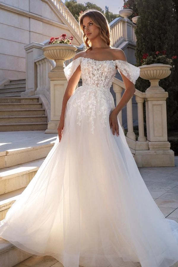 Off-the-Shoulder A-Line Lace Applique Wedding Dress