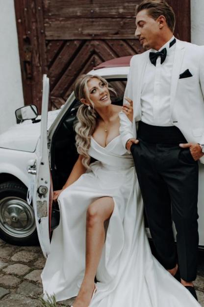 Off the shoulder Boho White Chiffon Wedding Dresses