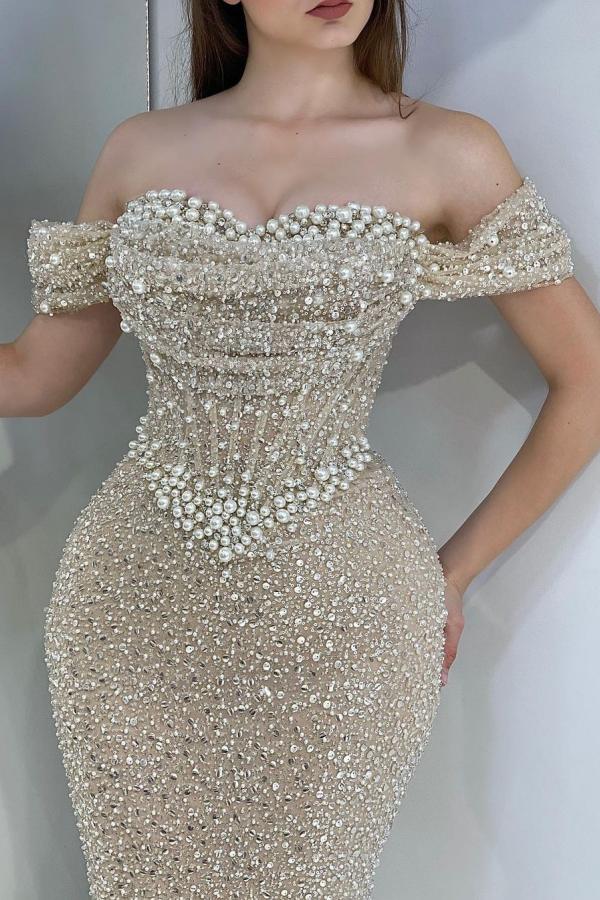 Stunning Off-the-Shoulder White Sequined Sheath Evening Dress with Pearls