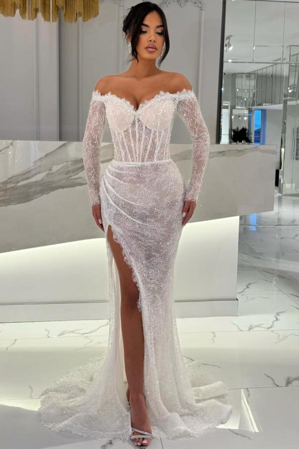 Off-the-shoulder Sequins Long Sleeve Mermaid Prom Dresses with Slit