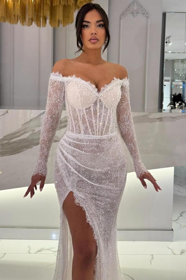 Off-the-shoulder Sequins Long Sleeve Mermaid Prom Dresses with Slit