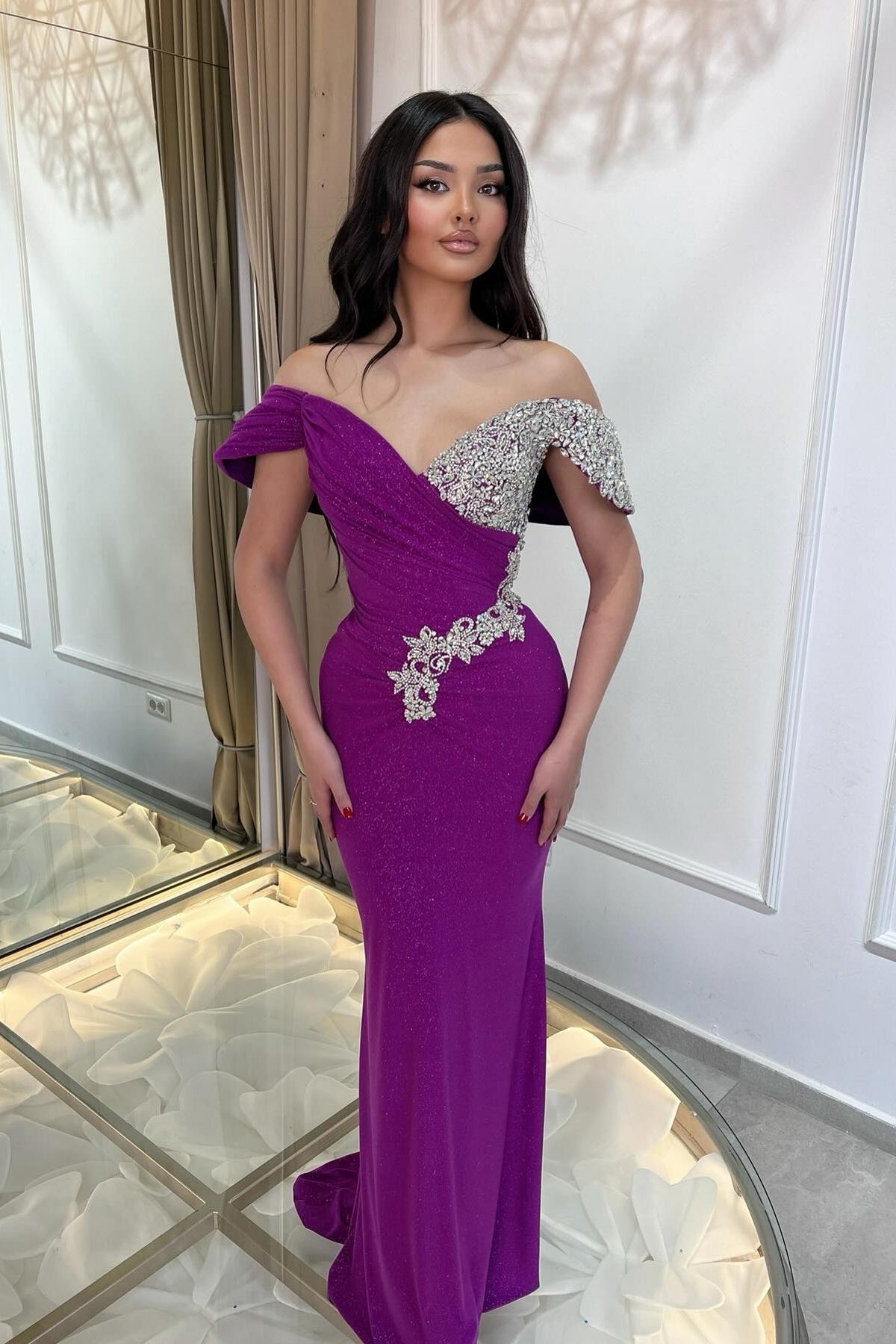 Off-the-shoulder V-neck Crystal Detailing Mermaid Prom Dresses