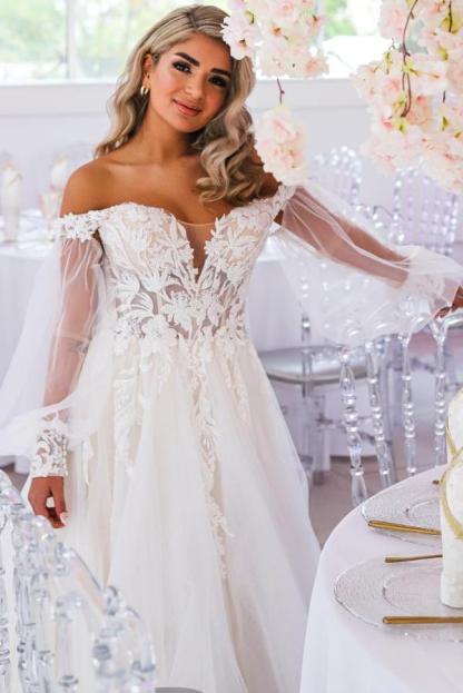 Off the shoulder White Lace Flowy Wedding Dresses
