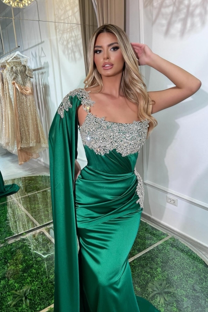 One Shoulder Sequins Ruched Crystal Detailing Mermaid Prom Dresses