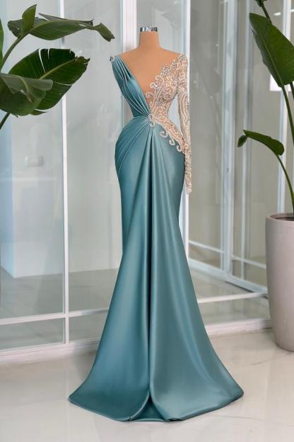 One shoulder Blue Satin Mermaid Floor length Prom Dresses