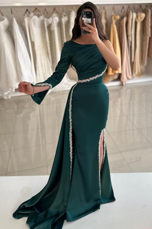 One shoulder Dark Green High Split Floor length Evening Dresses