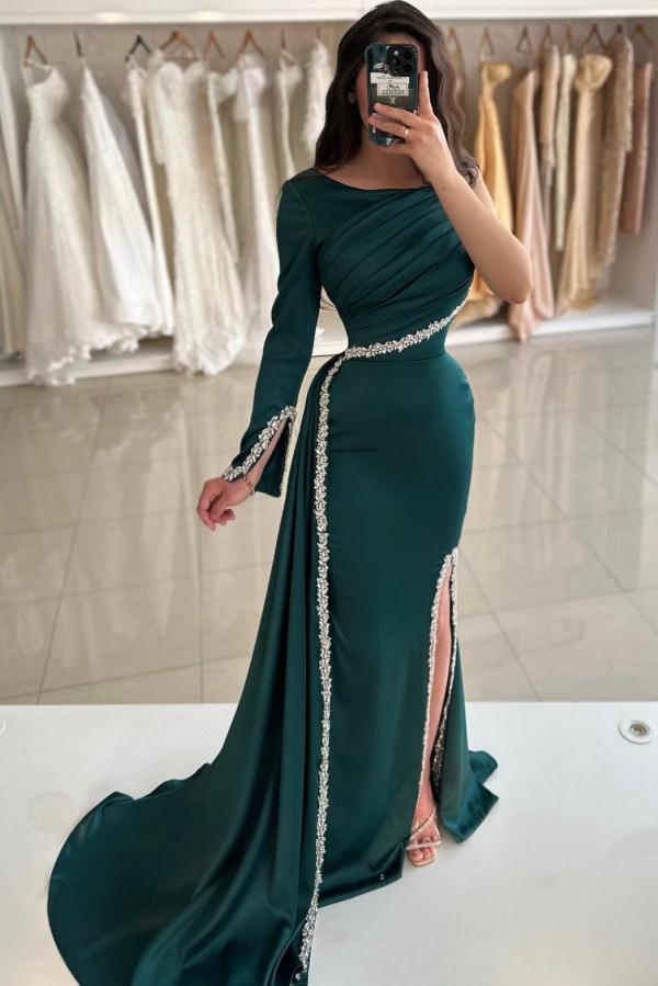 One shoulder Dark Green High Split Floor length Evening Dresses