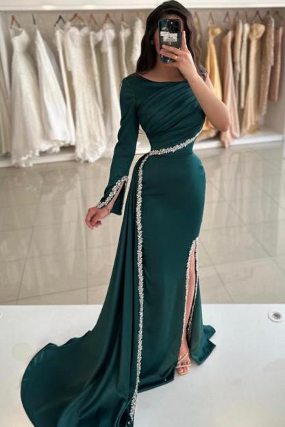 One shoulder Dark Green High Split Floor length Evening Dresses