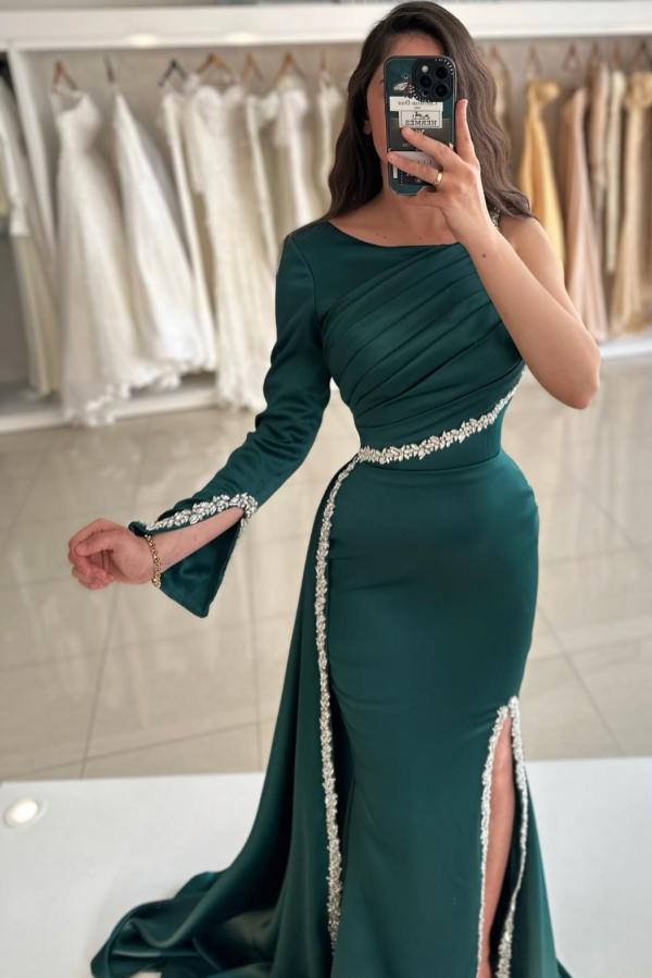 One shoulder Dark Green High Split Floor length Evening Dresses