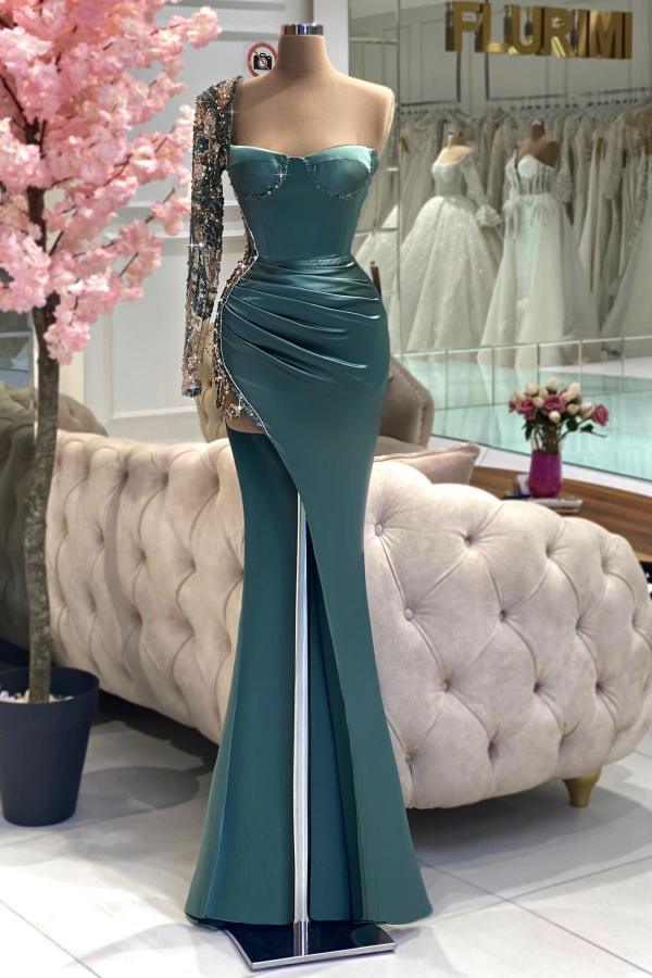 One shoulder Long sleeves Blue High Split Prom Dresses