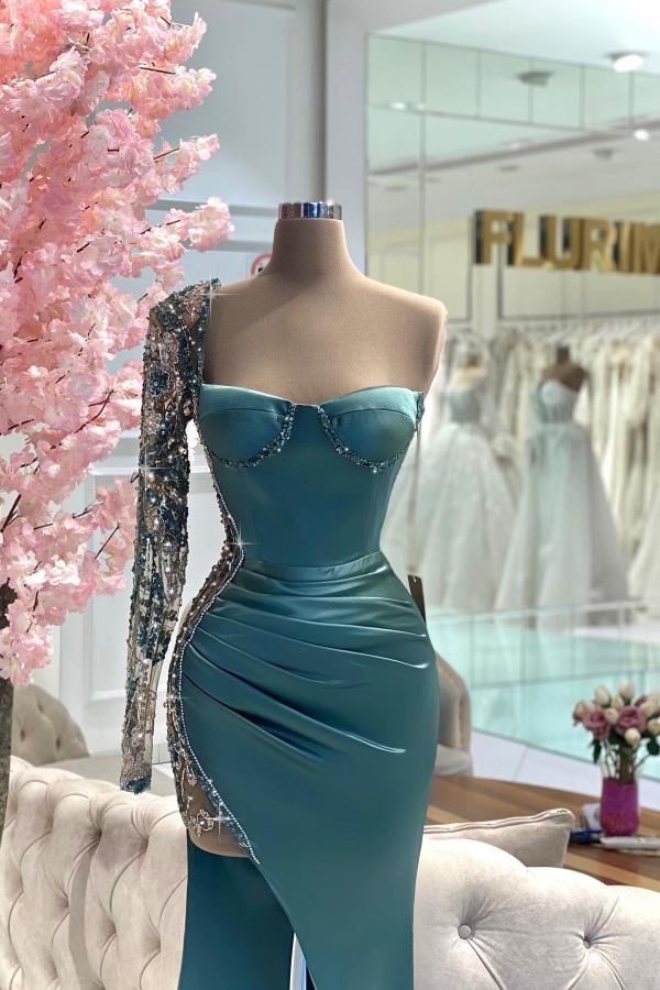 One shoulder Long sleeves Blue High Split Prom Dresses