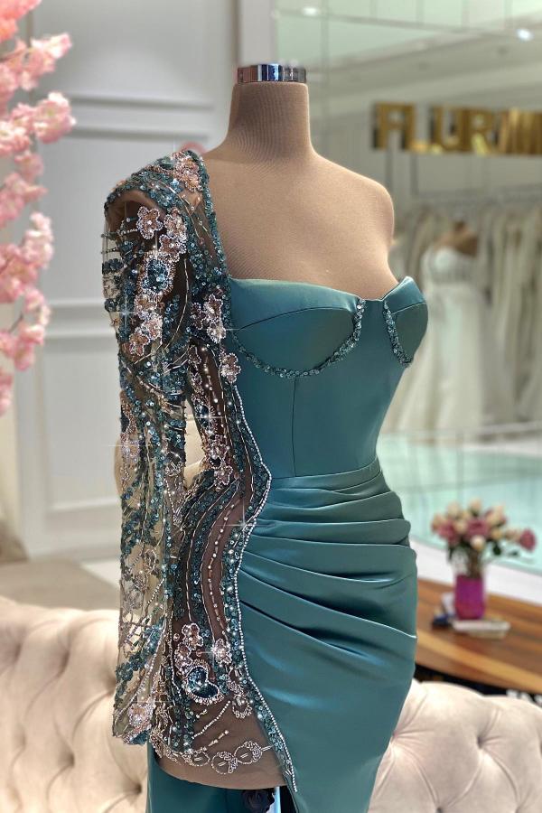 One shoulder Long sleeves Blue High Split Prom Dresses