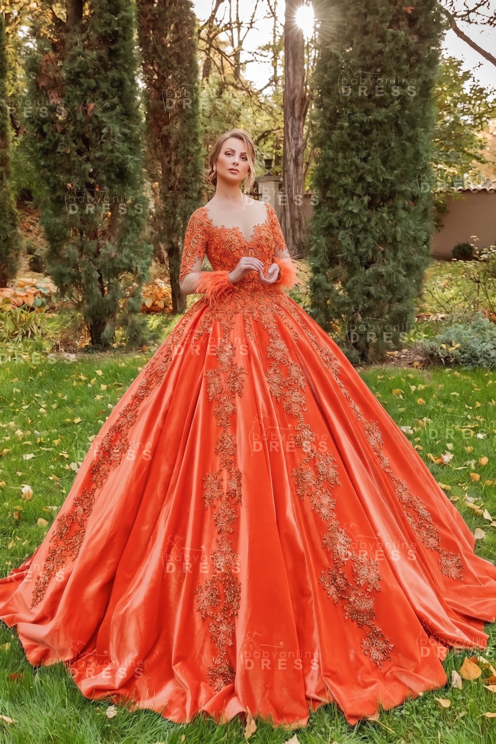 Gorgeous Long Sleeves Velvet Ball Gown with 3D Floral Appliques