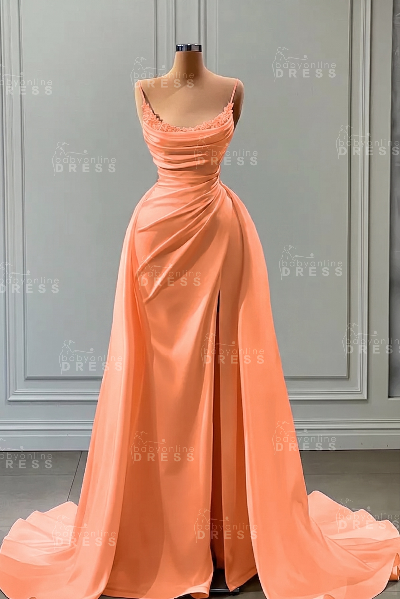 White Spaghetti Straps Satin Mermaid Prom Dress with High Split