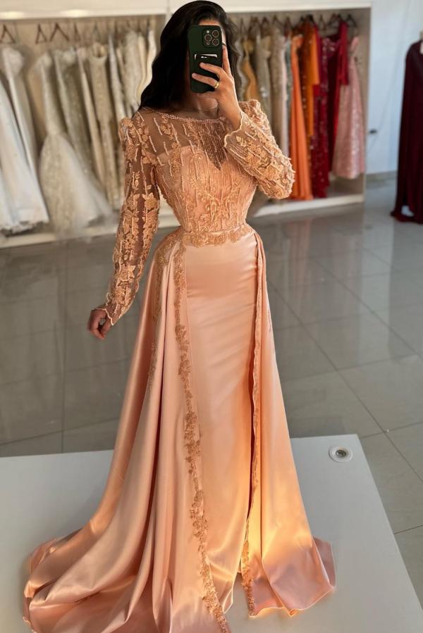 Orange Long sleeves Court Train Satin Overskirt Evening Dresses