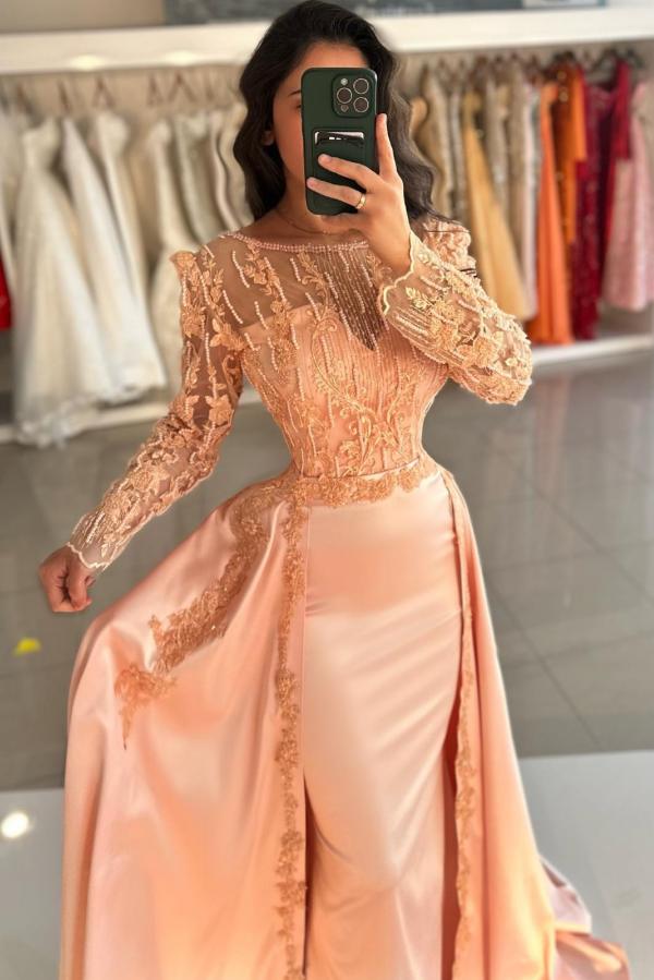 Orange Long sleeves Court Train Satin Overskirt Evening Dresses