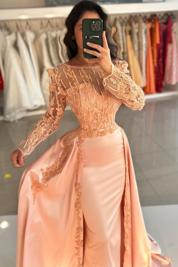 Orange Long sleeves Court Train Satin Overskirt Evening Dresses