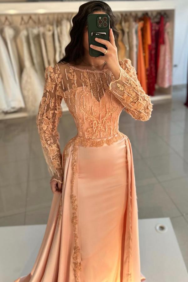 Orange Long sleeves Court Train Satin Overskirt Evening Dresses
