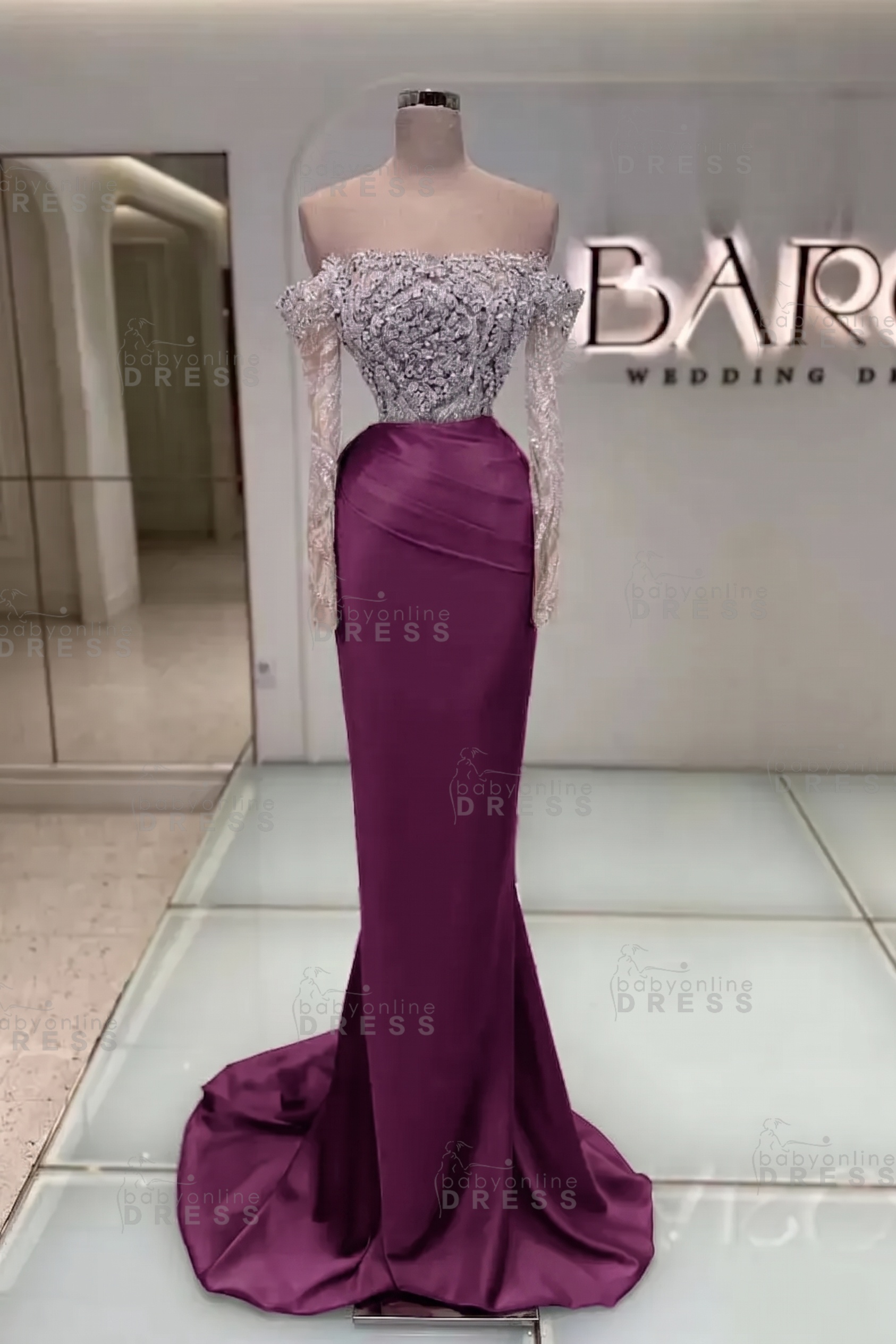 Off-the-Shoulder Ruffles Satin Mermaid Prom Dress Beadings with Sleeves