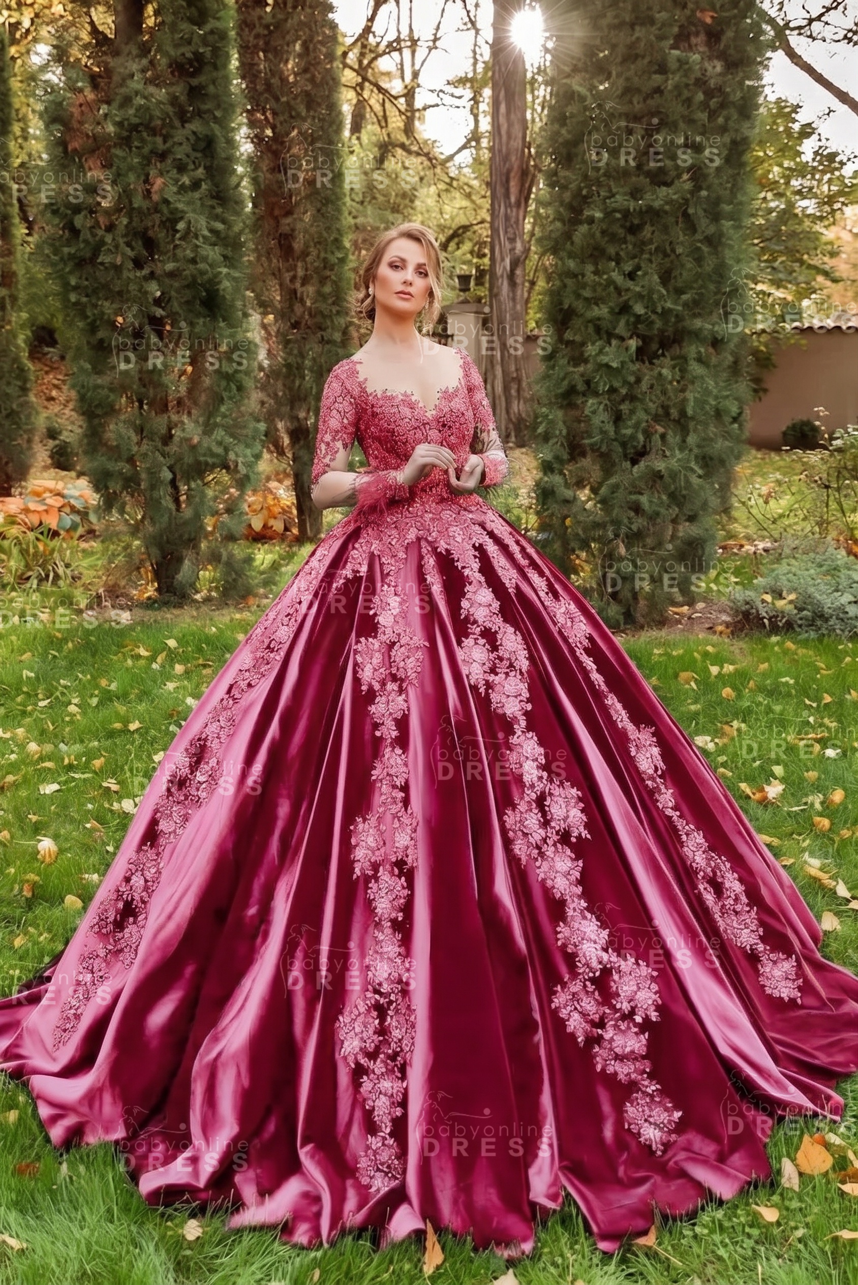 Gorgeous Long Sleeves Velvet Ball Gown with 3D Floral Appliques