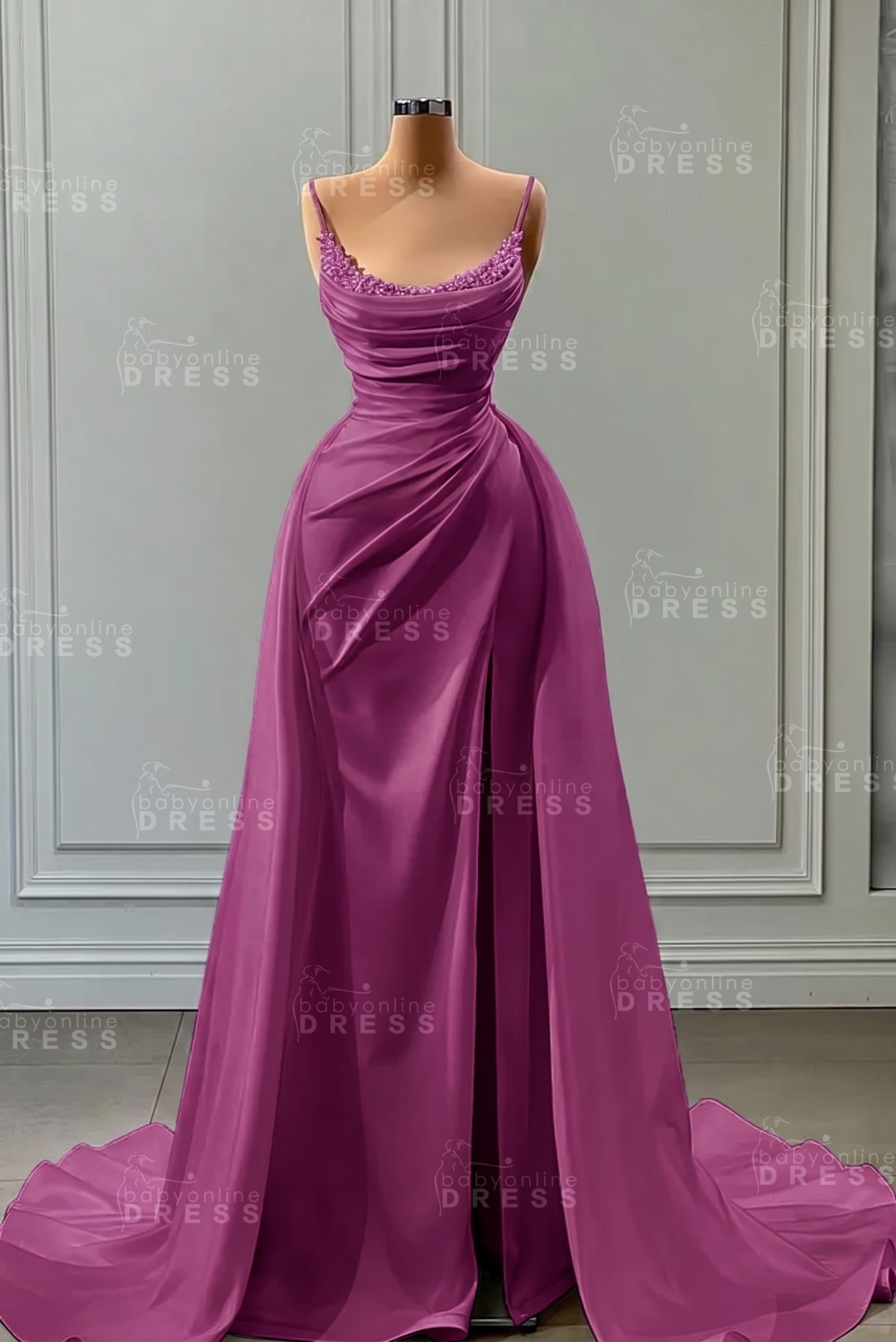 White Spaghetti Straps Satin Mermaid Prom Dress with High Split