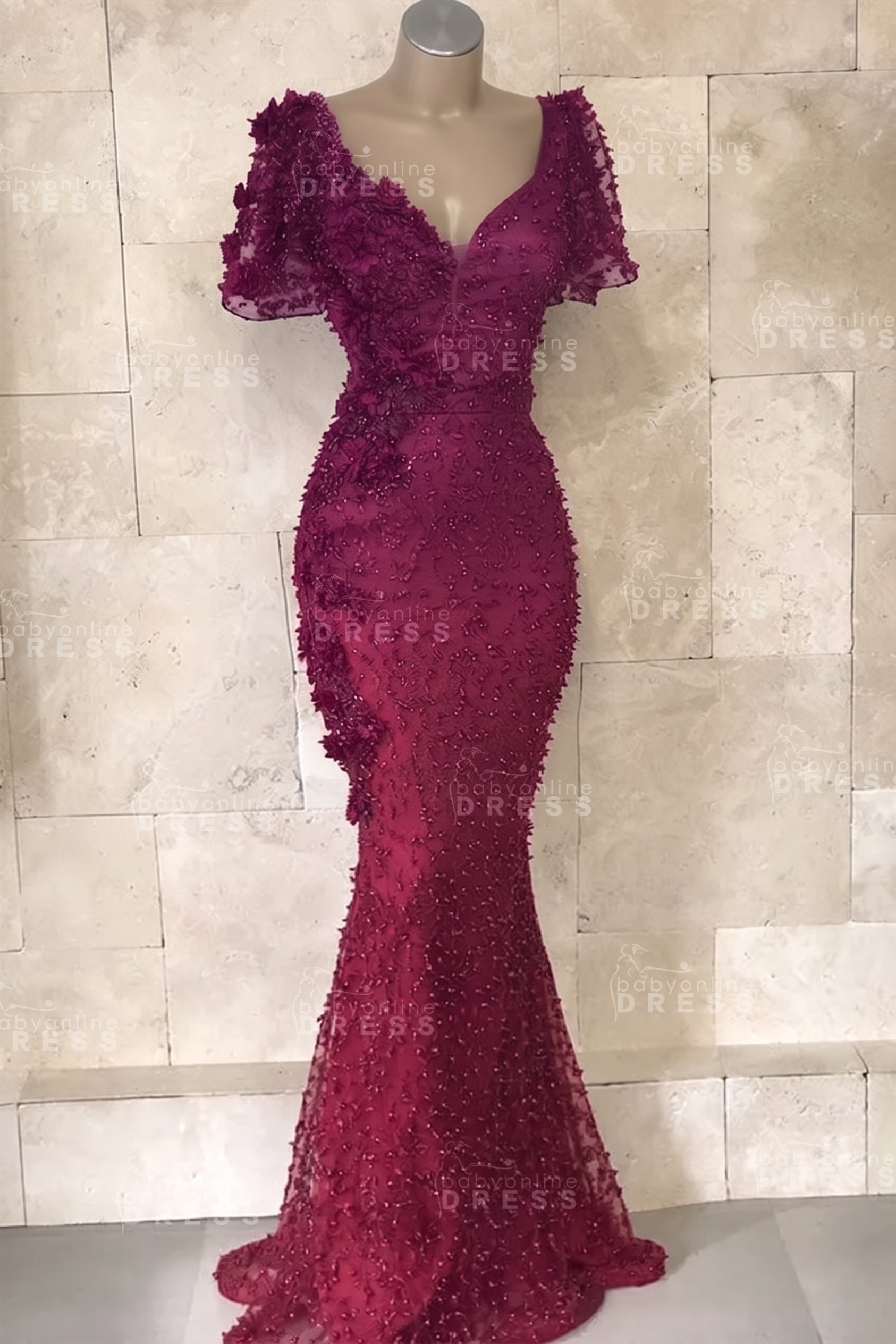Glamorous V-Neck Short Sleeves Beading Flower Mermaid Floor-Length Prom Dresses