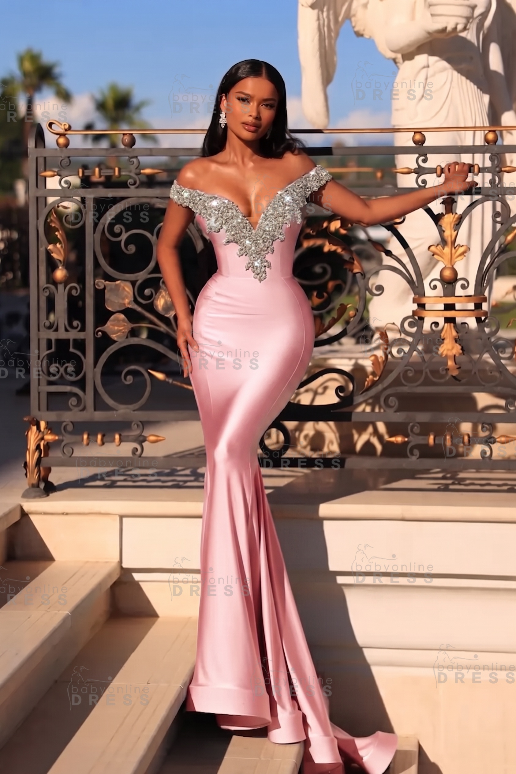 Dusty Blue Off the shoulder Satin Long Prom Dresses