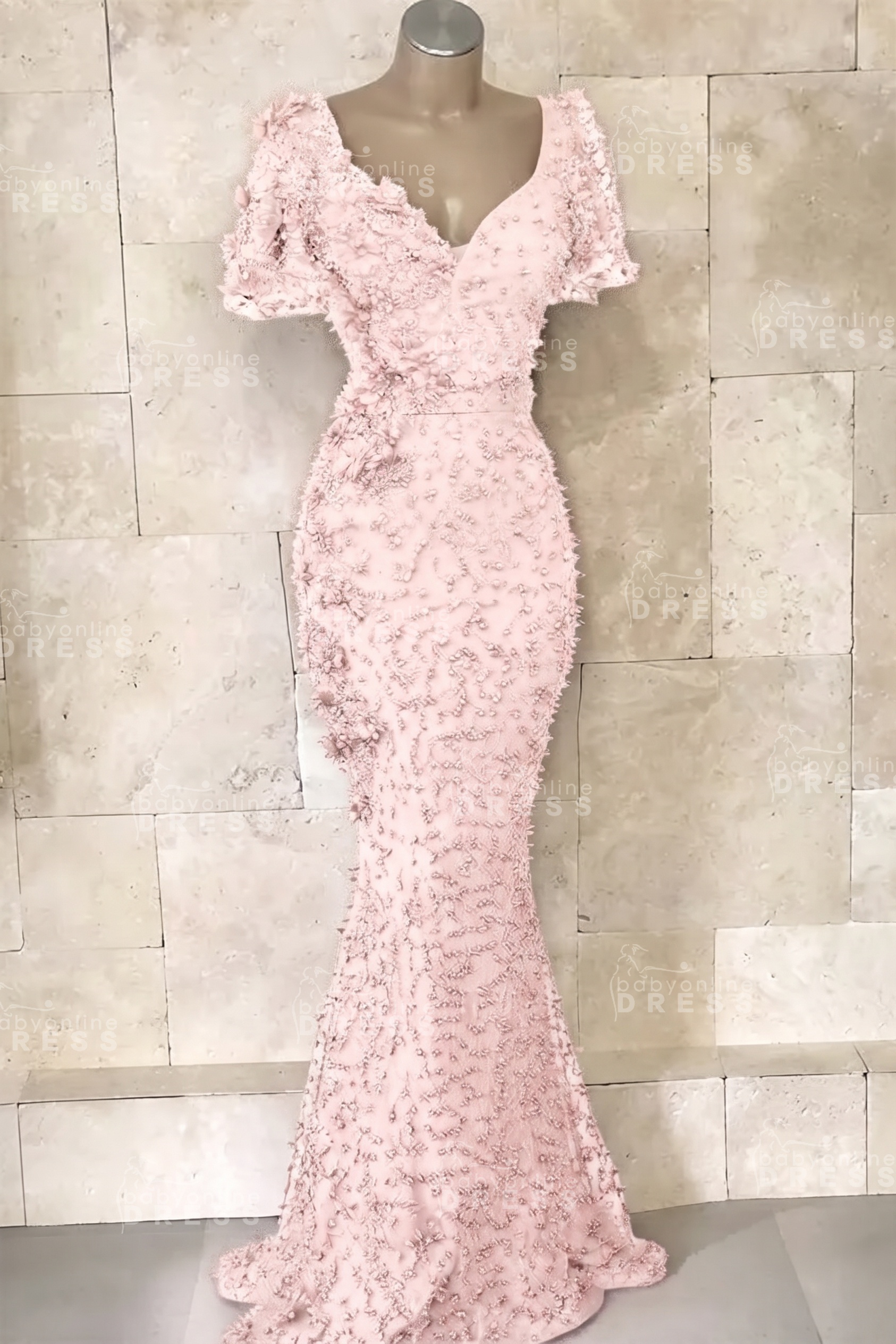 Glamorous V-Neck Short Sleeves Beading Flower Mermaid Floor-Length Prom Dresses