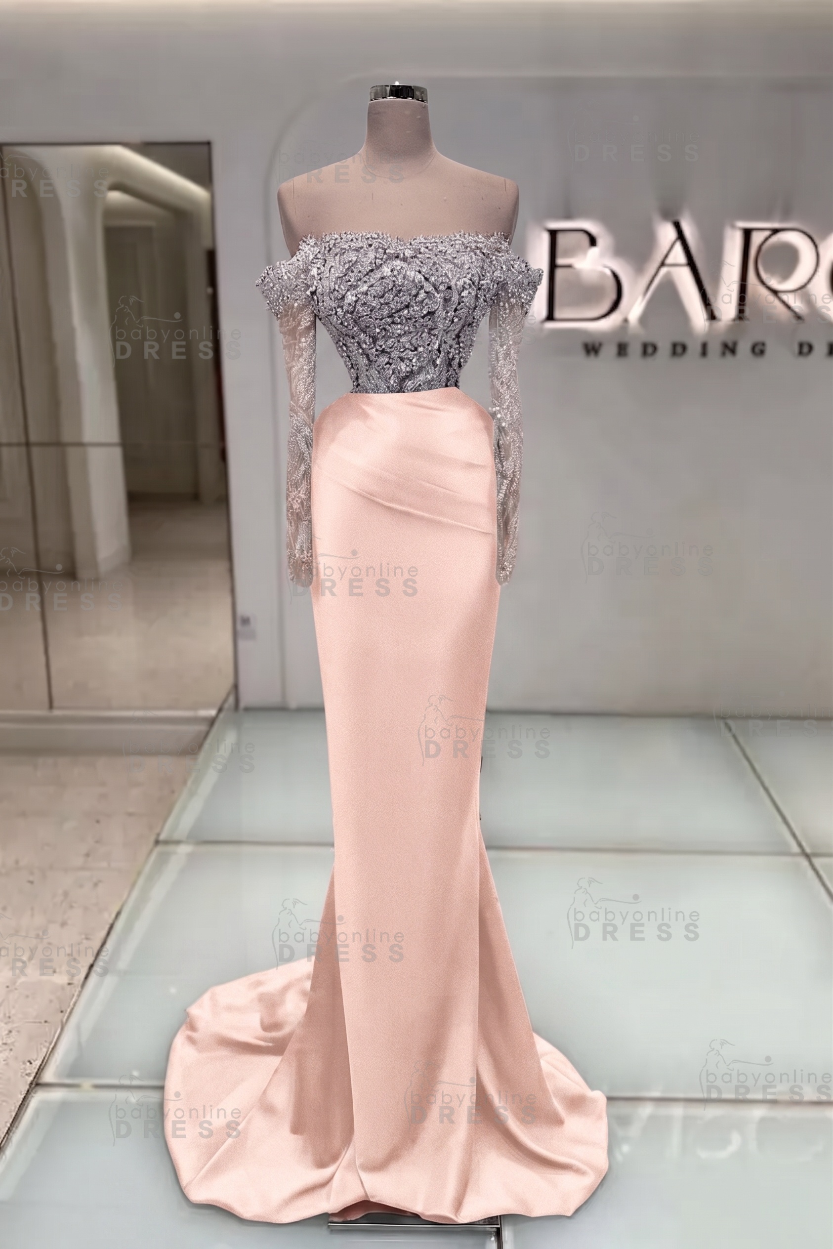 Off-the-Shoulder Ruffles Satin Mermaid Prom Dress Beadings with Sleeves